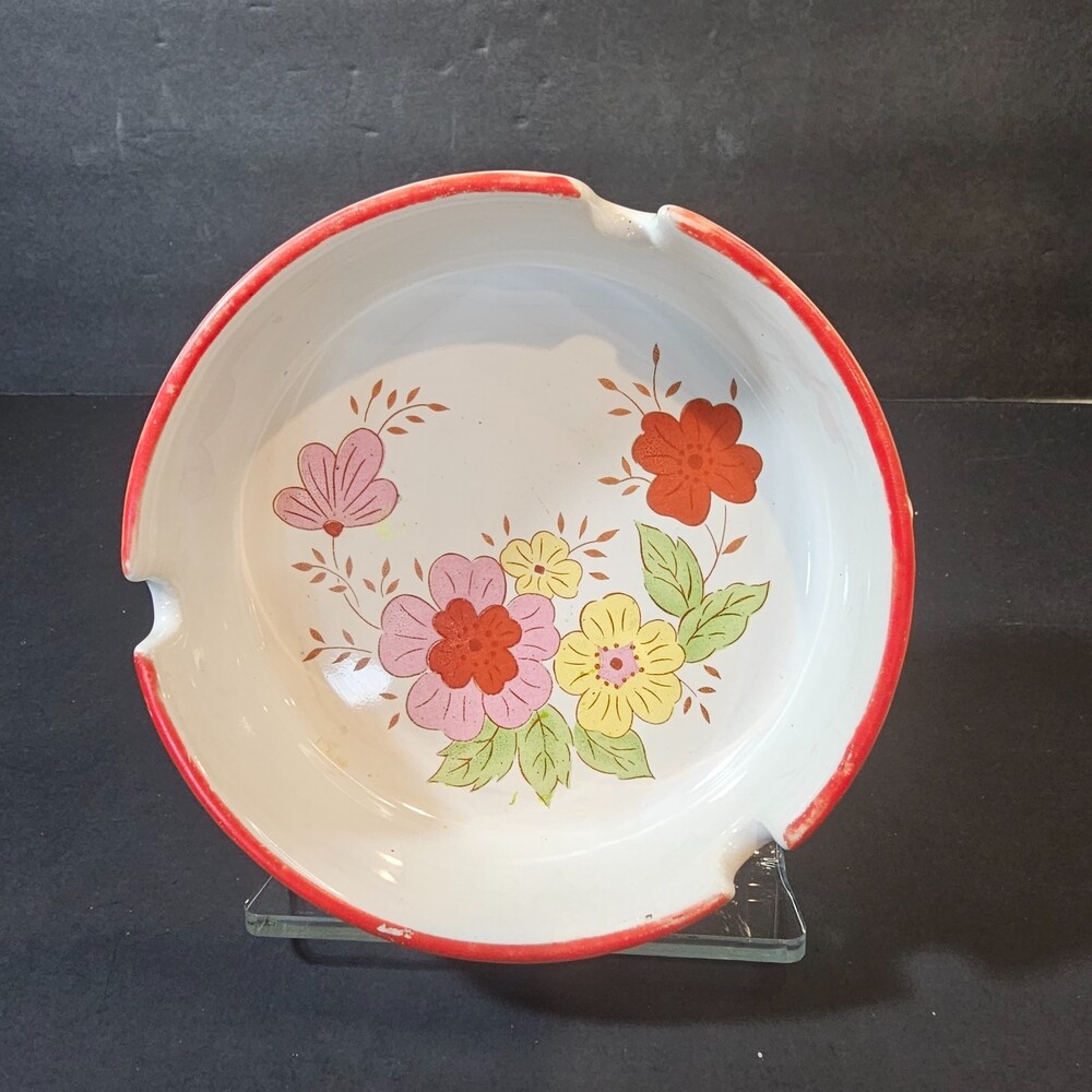 Vtg Midcentury Red White Floral Ashtray 4.5 Inches Ceramic